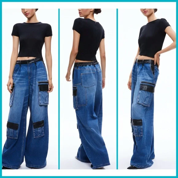 Alice + Olivia Joette Combination Vegan Leather Cargo Jeans - Picture 8 of 15